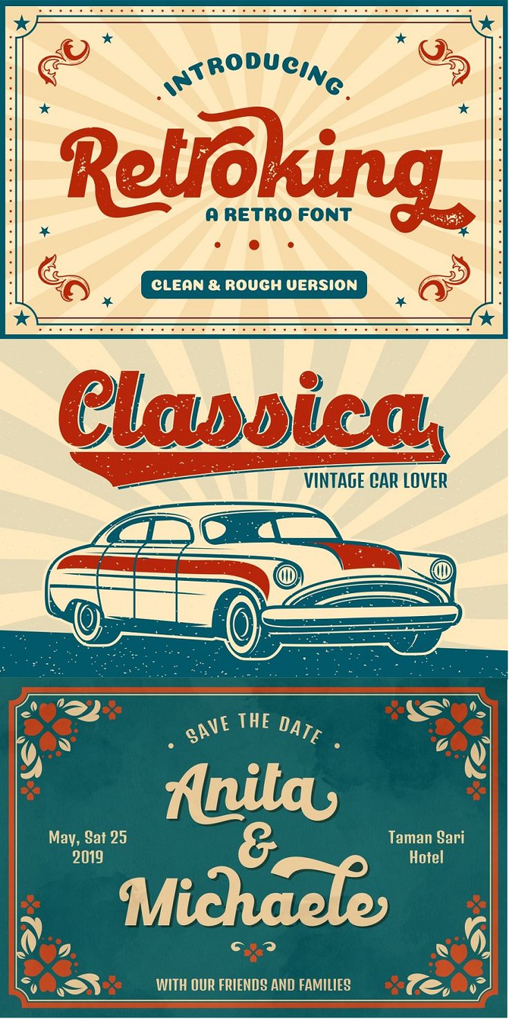 an old car poster with the words retro and classic on it's side,