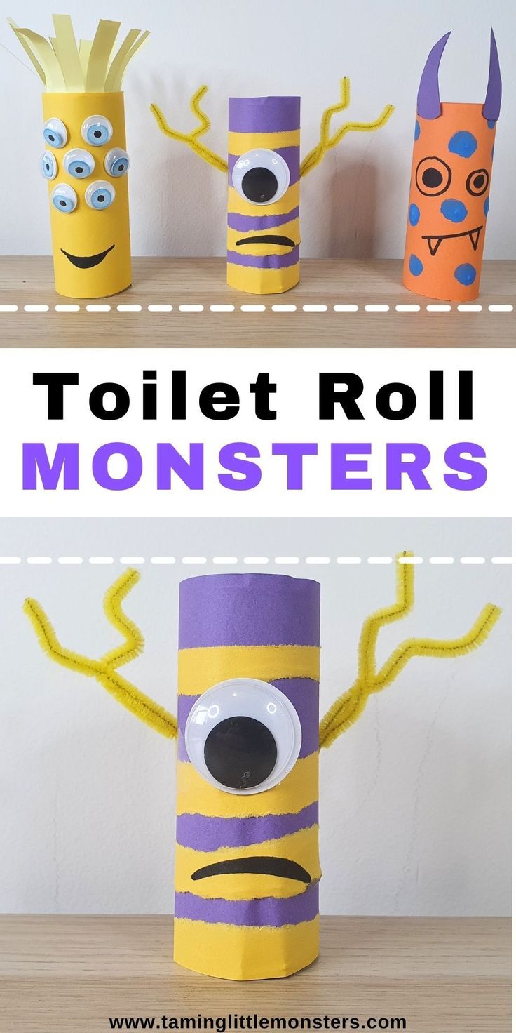 toilet roll monsters made out of construction paper and some glue on the bottom, with text overlay that says toilet roll monsters