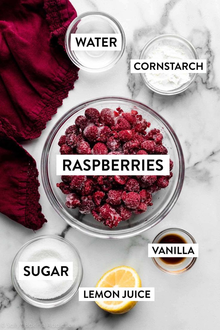 raspberries and other ingredients on a marble counter top with the words, water, cornstarch, sugar, lemon juice