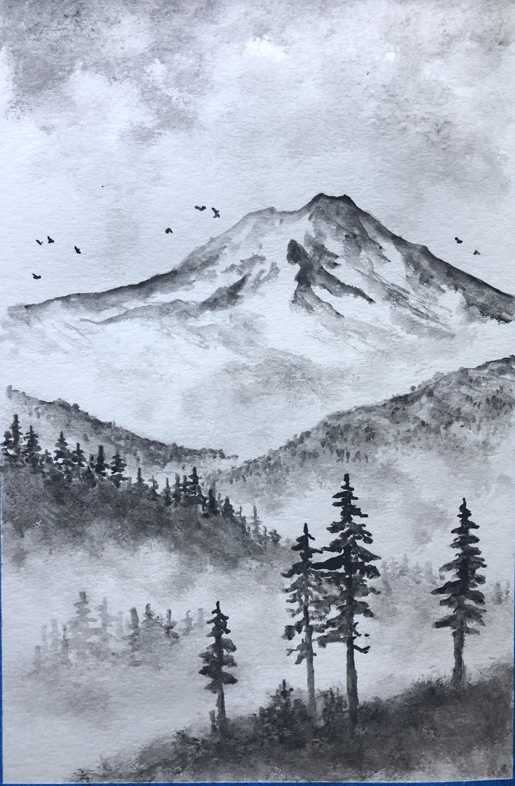 a drawing of a mountain with trees in the foreground and birds flying over it