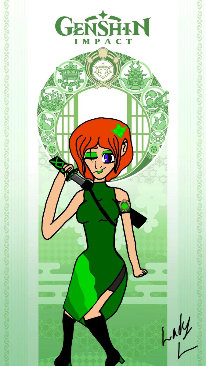 an image of a woman in green dress and black boots holding a bottle with the name genishan impact on it