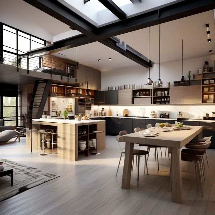 an open kitchen and dining room with skylights