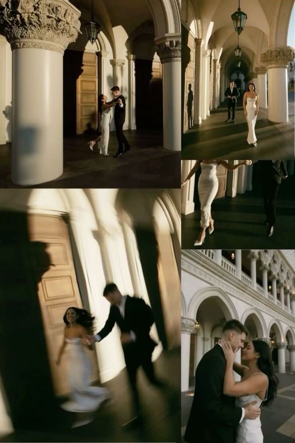 the couple is posing for pictures in their wedding photo shoot, and they are dancing together