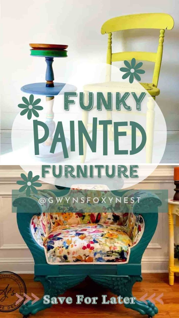 Funky Painted Furniture Painted Wood Chairs Funky, Fun Painted Table, Bohemian Painted Furniture Ideas, Hand Painted Shelf Ideas, Funky Painted Shelves, Funky Painted Chairs, Whimsical Furniture Painting Ideas, Boho Furniture Bohemian Style, Table Painting Ideas Colorful