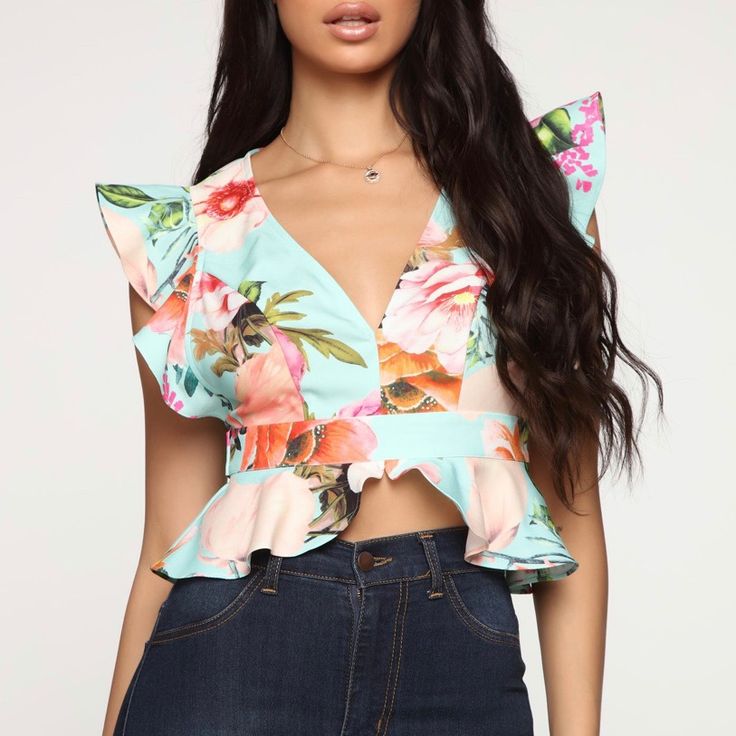 Fashion Nova Ruffle Blouse. Never Worn, Perfect Condition. There Is A Zip-Enclosure On The Side Of The Shirt For A Better Fit And You Tie The Ribbon Around Your Waist. #Fashionnovababe #Floral #Blouse #Popofcolor #Fashion Cute Ruffled Party Tops, Summer Peplum Tops With Floral Print, Floral Print Peplum Tops For Summer, Pink Peplum Blouse For Summer, Party Short Sleeve Tops With Ruffle Hem, Flirty Pink Tops For Spring, Light Blue Floral Print V-neck Top, Spring Peplum Top For Brunch, Summer Floral Print Party Tops