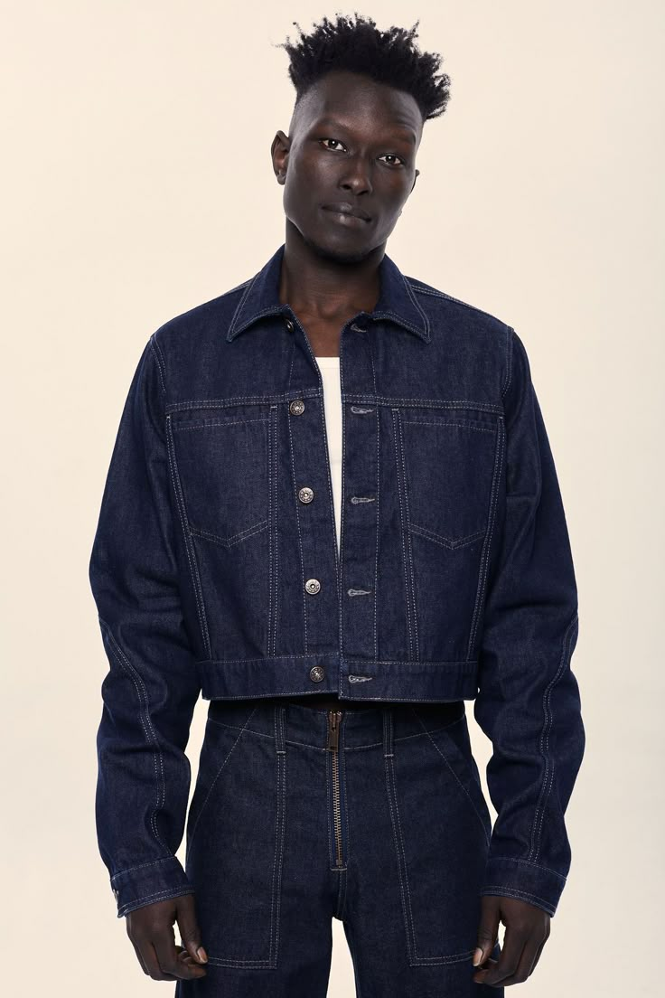 Salt Murphy, Cropped Denim Jacket Outfit, Indigo Denim Jacket, Denim Outfit Men, Indigo Jeans, Brass Buttons, Crop Jean Jacket, Oversized Jeans, Knit Denim