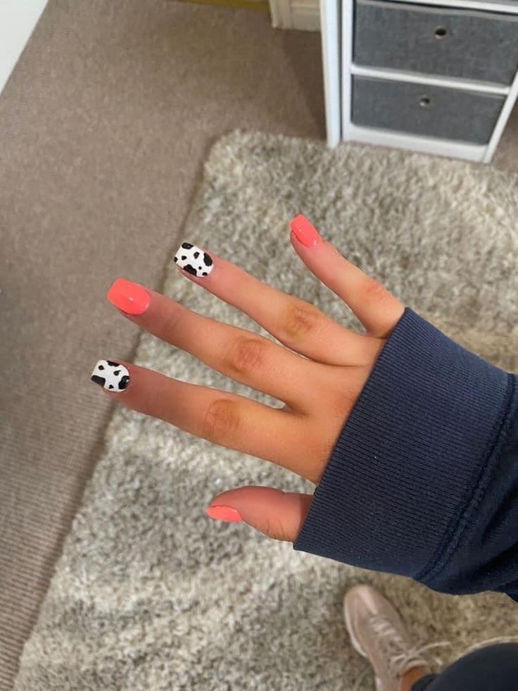 Country Nails Short Simple, Cute Nails Short Acrylic Simple, Country Nails Acrylic Short, Coffin Acrylic Nails Cow Print, Coral Cow Print Nails, Acrylic Nails Ideas Cow Print, Cute Country Nails Acrylic, Cute Nails Acrylic Cow Print, Cute Short Acrylic Nails Western