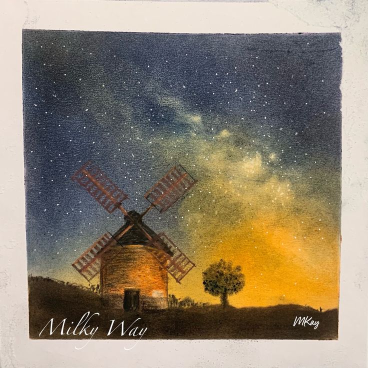 a painting of a windmill with stars in the sky