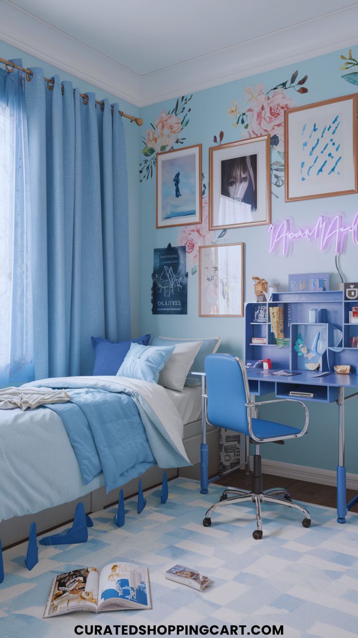 a bedroom with blue and white walls, pictures on the wall and a desk in front of it