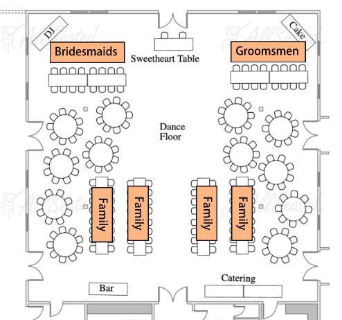 the floor plan for an event venue with seating areas and tables in orange, white and black