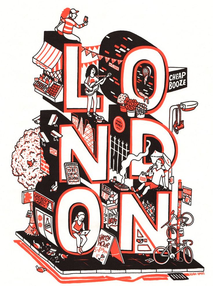 a poster with the words lond on it in red and black letters, surrounded by images of people