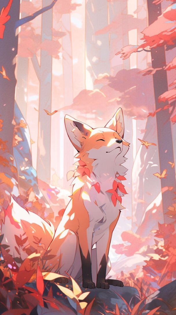 a fox sitting in the middle of a forest with red leaves on it's tail