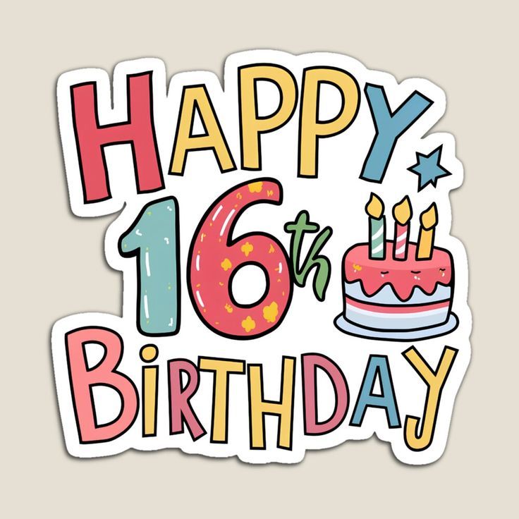 a happy 16th birthday sticker with a cake and stars on it's side