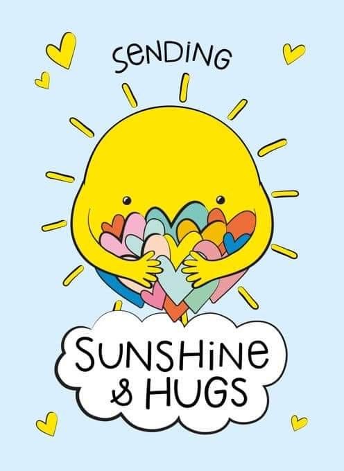 the sun shines brightly above some hearts and says sending sunshine & hugs on a blue background