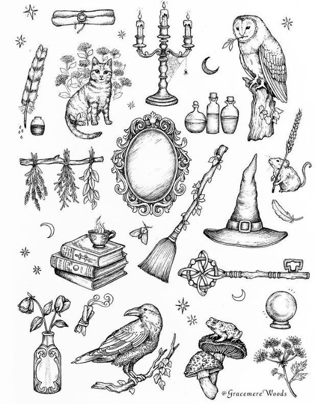 an ink drawing of witches and their attributes