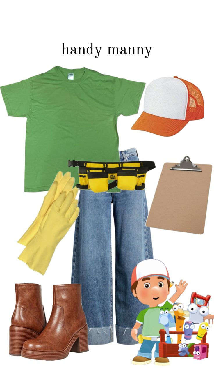 an image of a person wearing jeans and a green shirt with the words handy manny on it