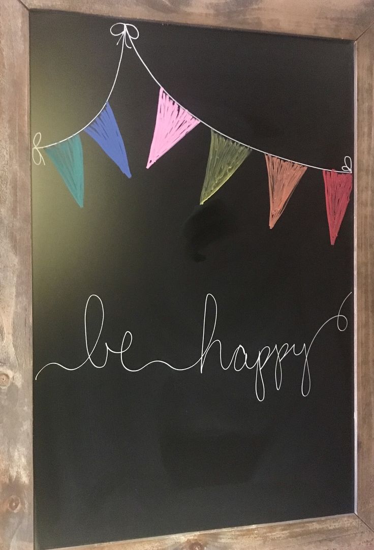 a chalkboard with bunting and the words be happy written on it