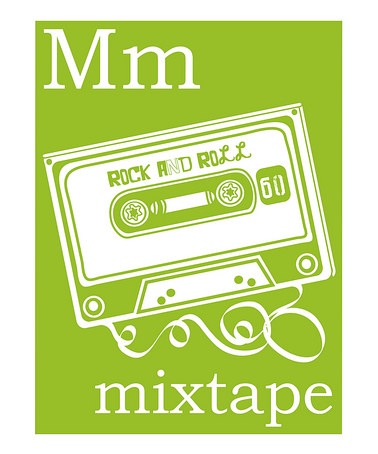 a green poster with the words mmm and a cassette