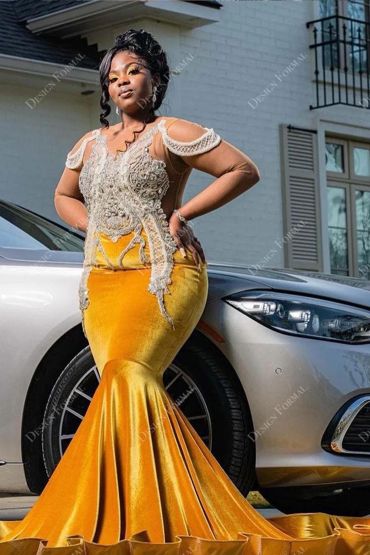 Gold Velvet Crystals Mermaid Ruffled Designer Plus Size Dress #plussizedress #promdress #promqueen Bridal Dresses African, Designer Prom Dress, Crystal Prom Dress, Gold Bra, Gold Goddess, Women Wedding Dress, Orange Prom Dresses, Designer Plus Size, Dress Bridesmaids