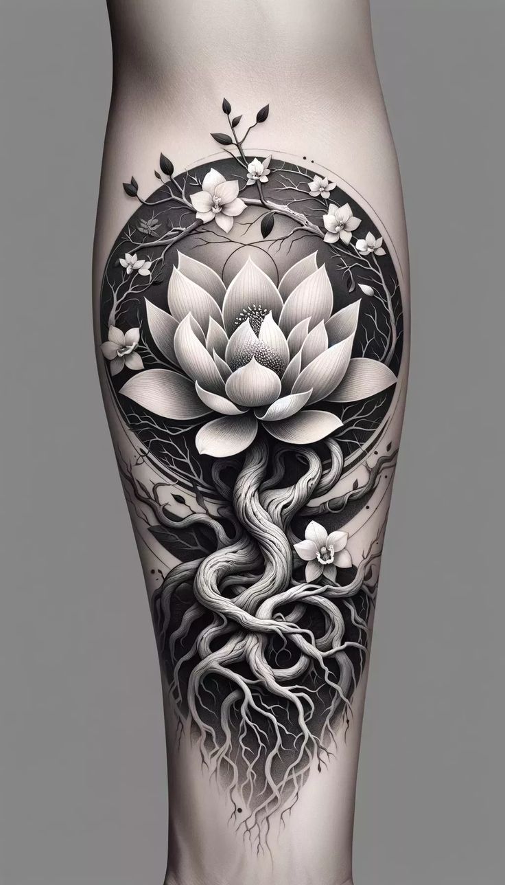 a woman's leg with a flower and tree tattoo on the lower part of her thigh