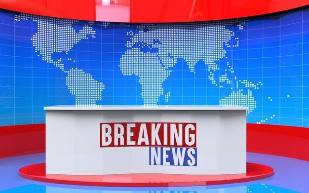 the breaking news logo is displayed in front of a blue and red wall with a world map on it