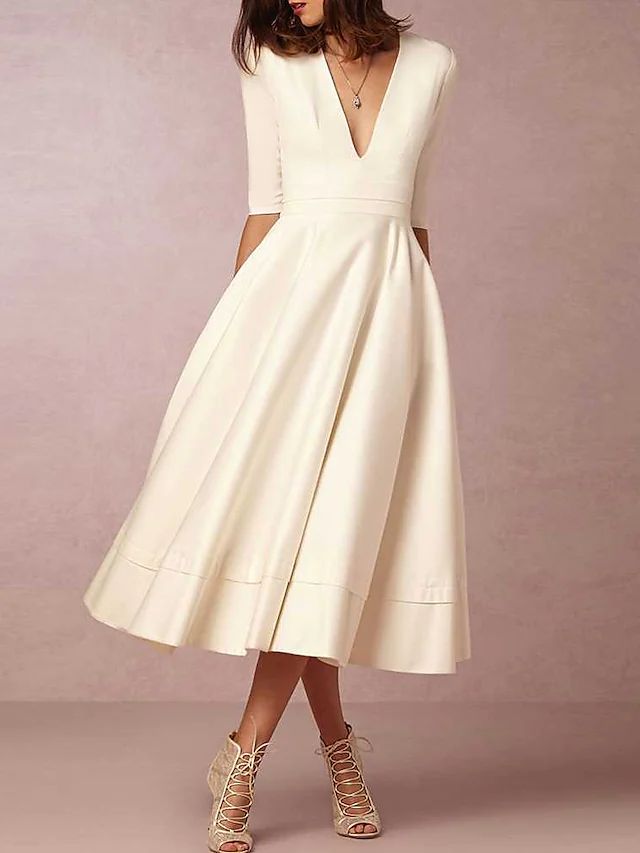 Bridal Shower Little White Dresses Wedding Dresses Tea Length A-Line Half Sleeve V Neck Satin With Pleats 2023 Bridal Gowns 7543246 2023 – $104.49 Wedding Dresses A Line, Satin Bridal Gowns, Tea Length Wedding, Cheap Wedding Dresses Online, Wedding Dress Store, Dress Stand, Tea Length Wedding Dress, Plus Size Vintage, Vestidos Vintage