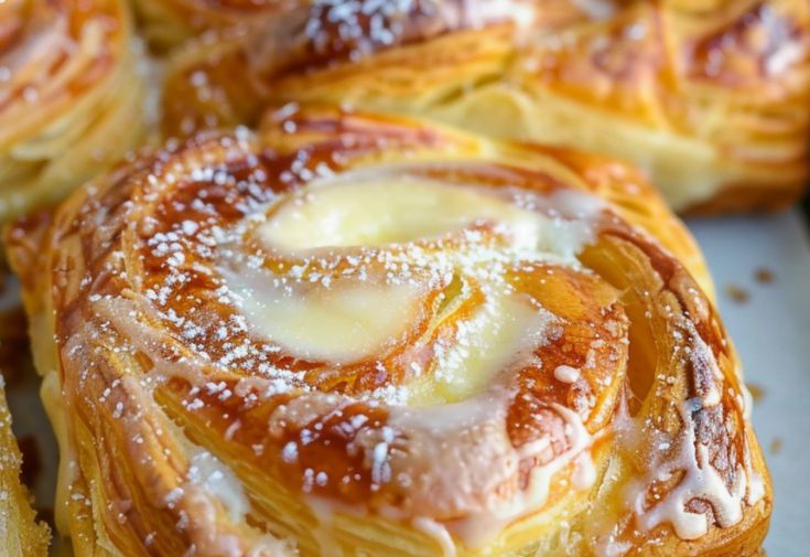 several pastries with icing and powdered sugar sitting on top of each other