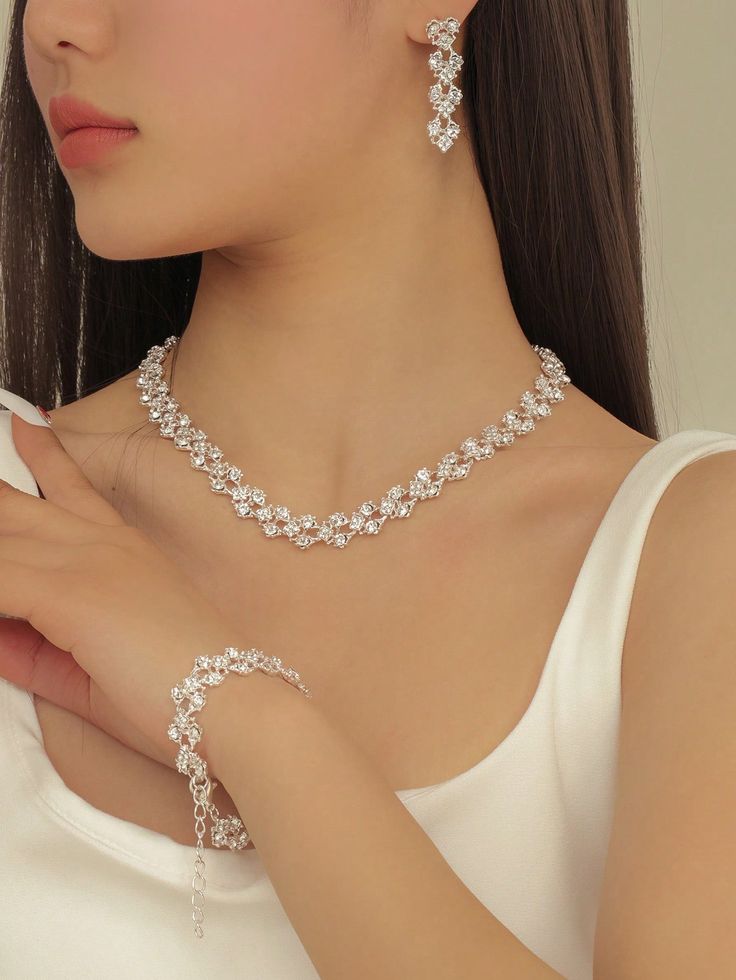 White  Collar     Embellished   Women's Fashion Jewelry White Crystal Bridal Sets For Party, Elegant Cubic Zirconia Party Sets, Silver Crystal Wedding Sets, Silver Elegant Party Sets, Silver Crystal Sets For Wedding, Elegant Silver Party Sets, Silver Bridal Sets For Party, Elegant Rhinestone Sets For Parties, Elegant Party Sets With Rhinestones