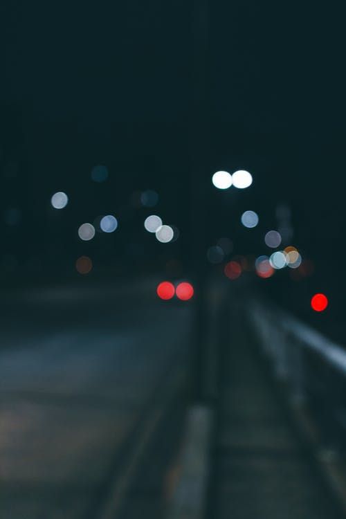 blurry photo of street lights at night with no one in the shot looking on