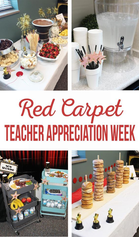 red carpet teacher appreciation week with desserts and snacks on the table, including cupcakes