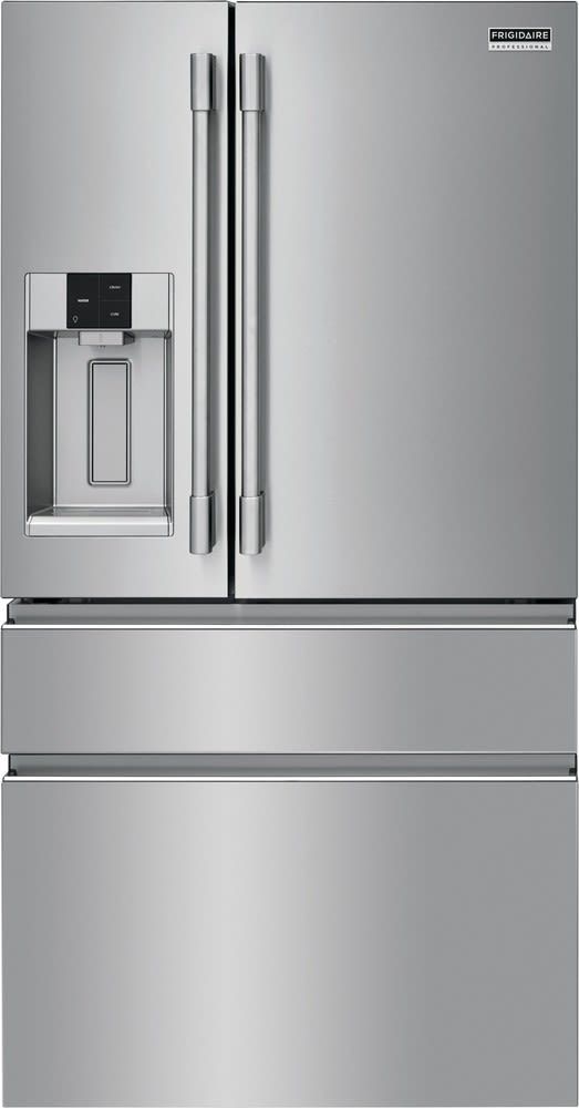 a stainless steel refrigerator with ice and water dispenser