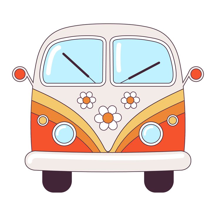 an orange and white van with flowers on the front window is shown in cartoon style