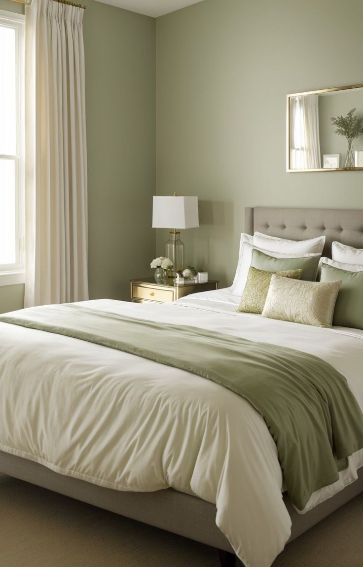 a bedroom with green walls and white bedding in front of a large mirror on the wall