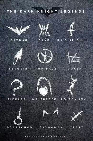 the dark knight legend's symbols are drawn in white chalk on a black background