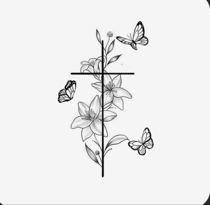 a cross with flowers and butterflies on it, as well as a butterfly tattoo design