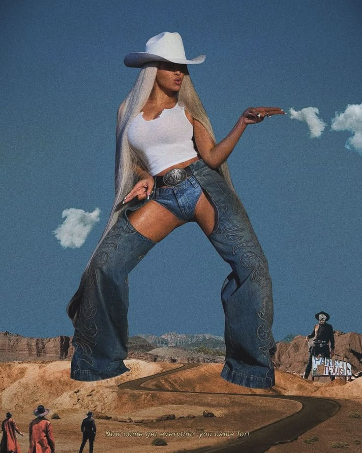 a woman in jeans and a cowboy hat is standing on a dirt road with her legs spread out