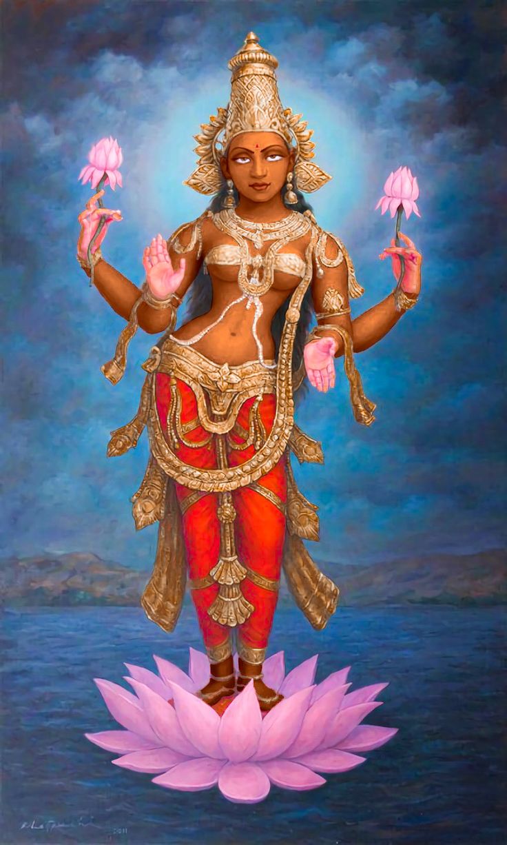 a painting of a woman standing on top of a pink flower in front of a body of water