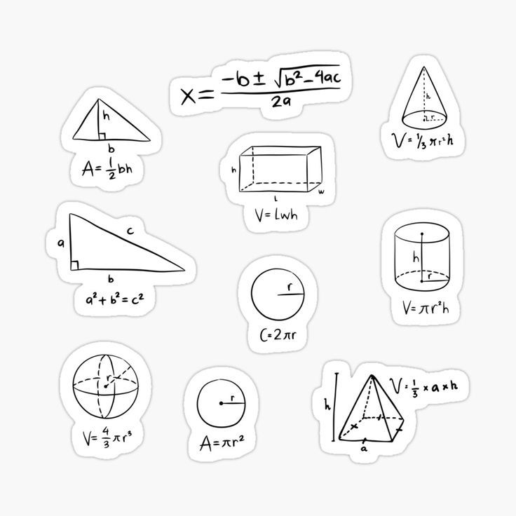 Study stickers of mathematic equations including area and volume, quadratic formula and quadratic equation. Geometry Stickers, Volume Math, Study Stickers, Geometry Formulas, Notebook Labels, Quadratic Formula, Math Design, Sat Prep, Math Journal