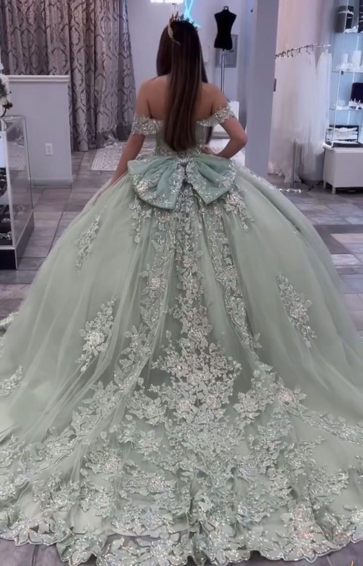 Fairy Dresses Quinceanera, Pistachio Quinceanera Dresses, Seafoam Green Quinceanera Dresses, Qencenera Dresses Sage Green, Quinceanera Light Green Dresses, Light Green And Gold Quinceanera Dresses, Quiencera Dresses Sage Green, Pastel Green Quince Dress, Qencenera Dresses Green