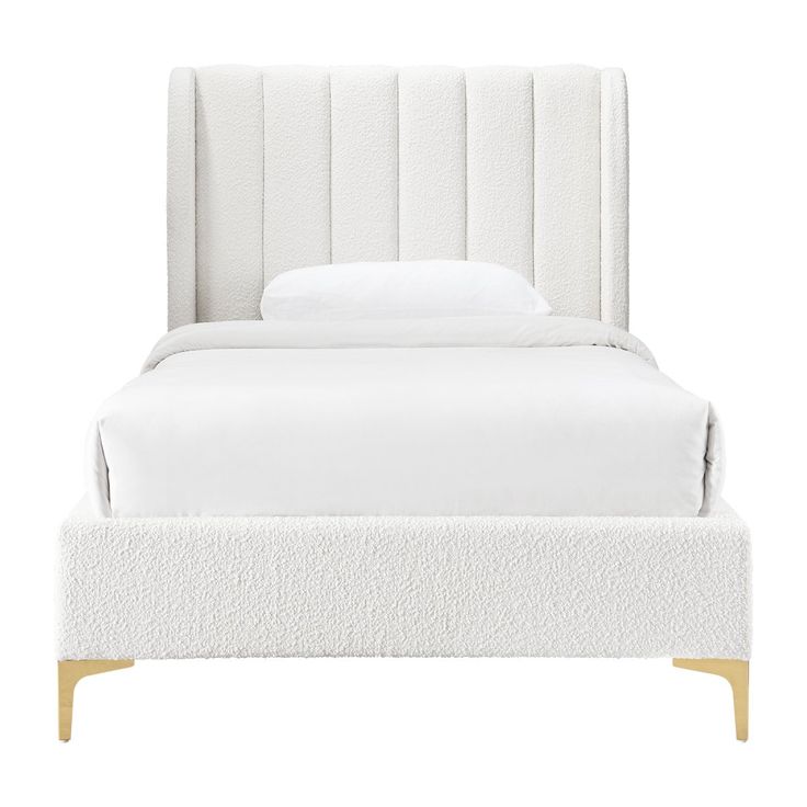 a bed with a white headboard and foot board on top of it, in front of a white background