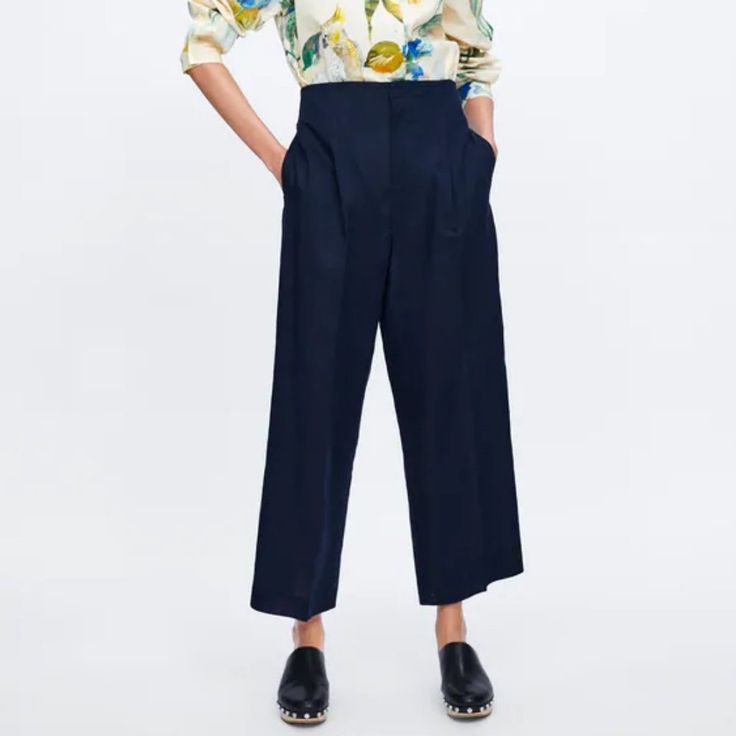 Zara Pleated Wide-Leg Linen Ankle Pants High Waist And Wide Leg. Front Pockets. Front Zip, Metal Hook And Inside Button Closure. Pants Made Of Linen Blend Fabric (55% Linen,45% Cotton). Chic Blue Wide Leg Pants For Fall, Spring Workwear Pants With Welt Pockets, Spring Wide Leg Ankle-length Pants With Welt Pockets, Summer Workwear Straight-leg Capris, Casual High-waisted Culottes For Workwear, Summer Wide Leg Dress Pants For Work, Spring Ankle-length Wide Leg Pants With Welt Pockets, Zara Relaxed Fit Wide Leg Ankle-length Pants, Tailored Bottoms With Pockets For Spring