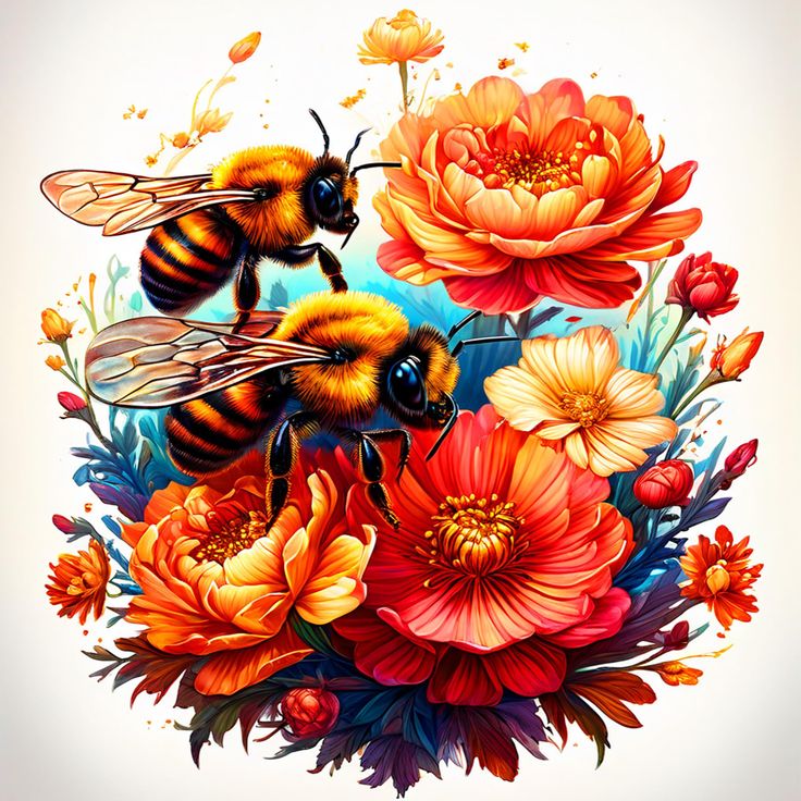 two bees are surrounded by flowers and leaves