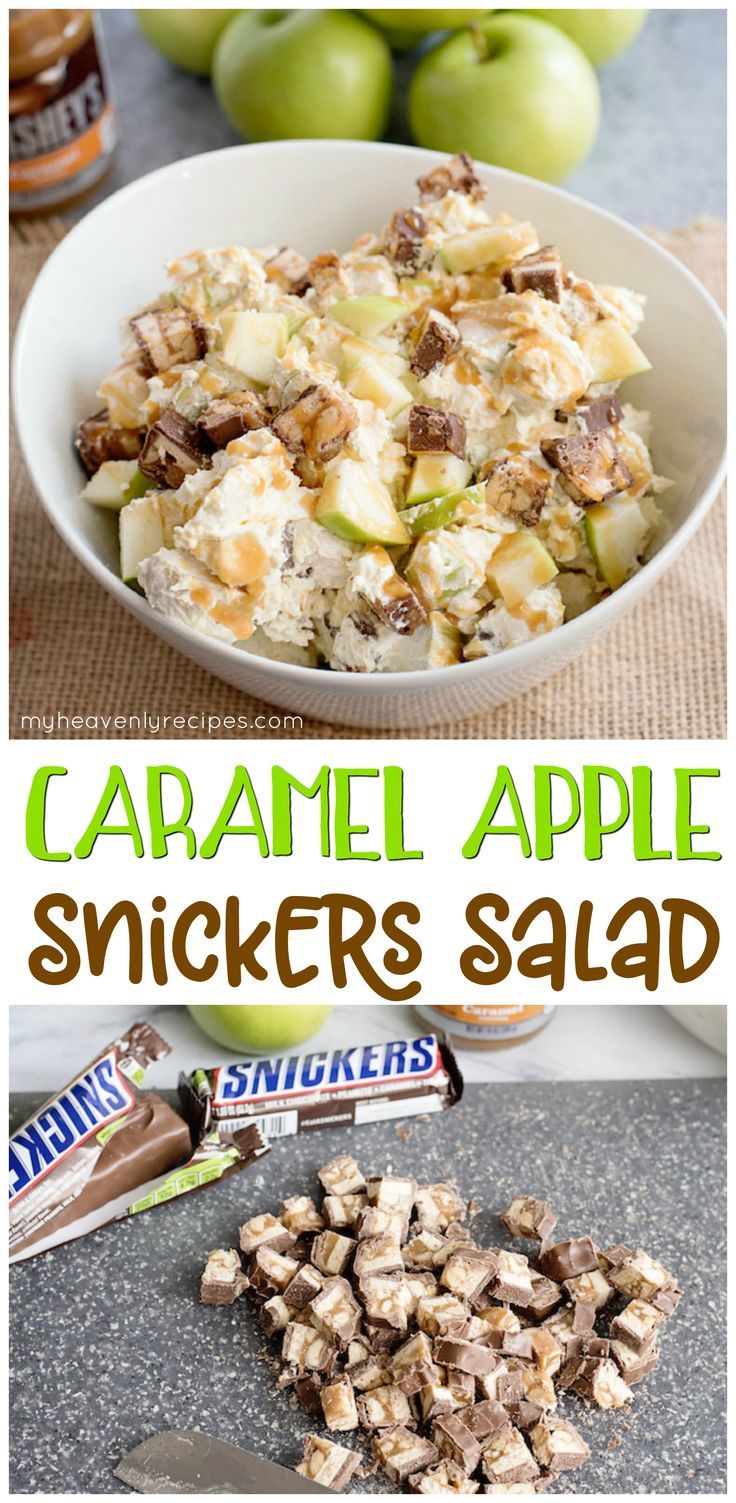 caramel apple snickkers salad in a white bowl on top of a table