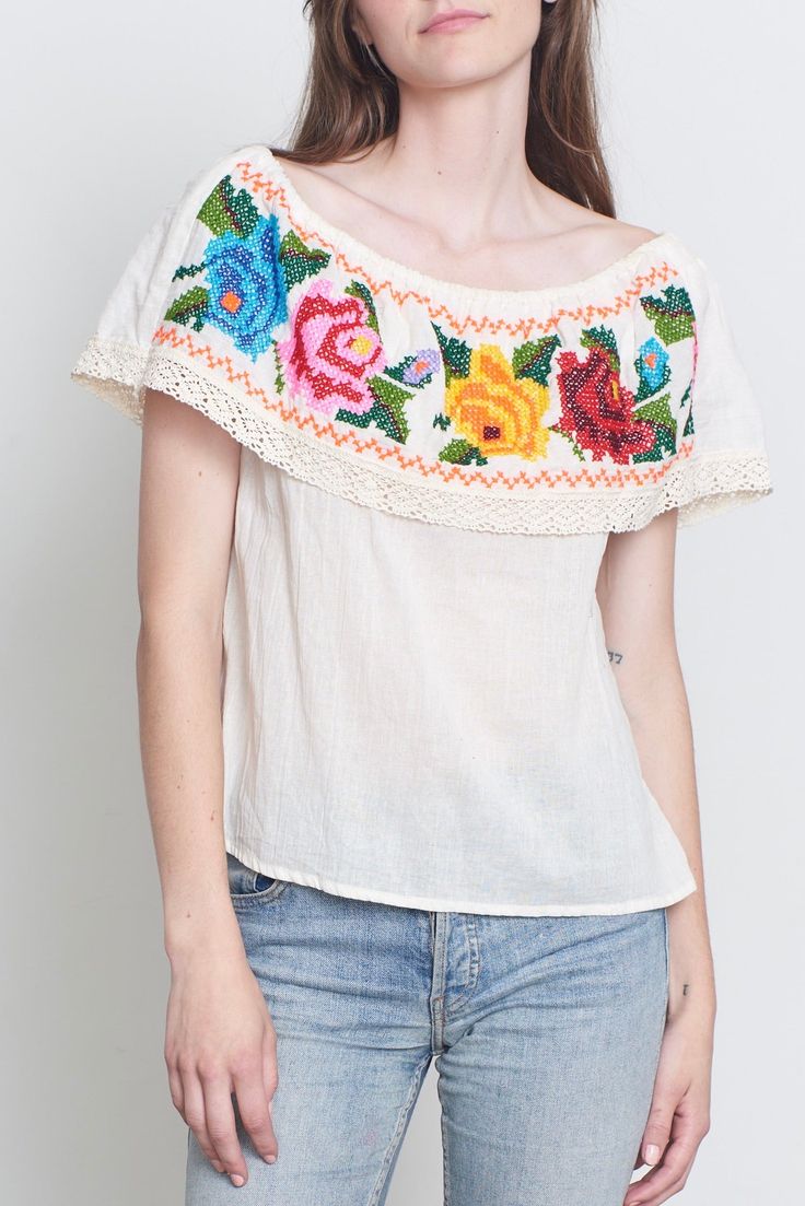 Vintage hand embroidered Mexican blouse Brand : Unknown 100% cotton sold in AS IS CONDITION fits sizes from 2-6 Ivory 100% cotton BUST 19.5" WAIST 20.5" LENGTH 22" SWEEP 22" Cream Floral Embroidered Summer Tops, Embroidered Cotton Tops For Spring, Beige Floral Embroidered Cotton Tops, Bohemian Cream Cotton Top, Cream Tops With Floral Embroidery, Beige Short Sleeve Tops With Floral Embroidery, Cream Tops With Embroidered Hem For Spring, Casual Embroidered Off White Tops, Cream Cotton Top With Floral Embroidery