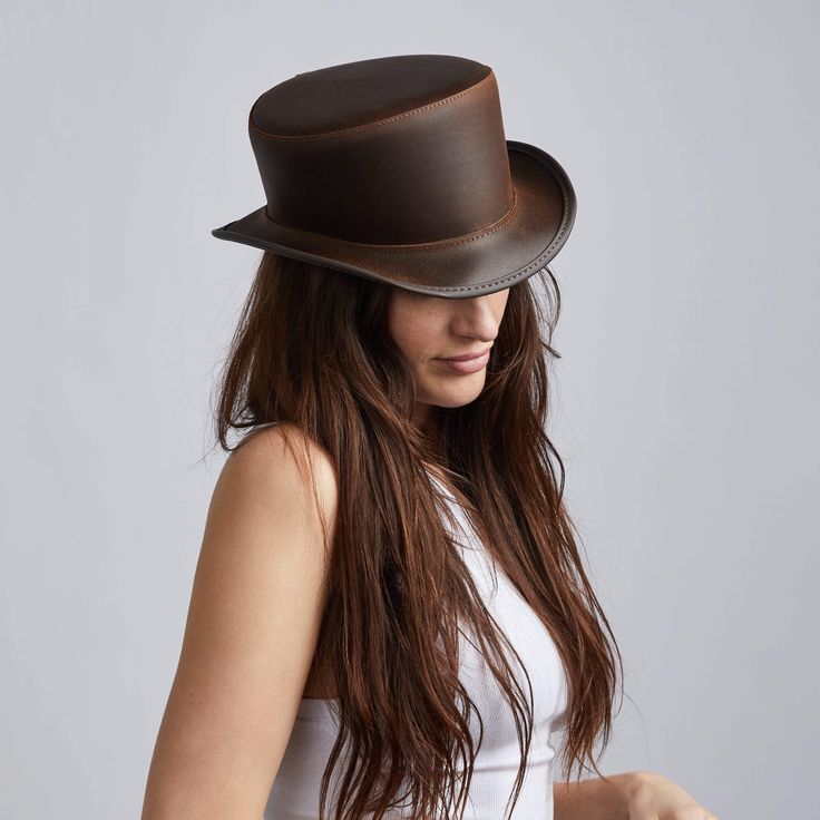 Women's Bromley Unbanded Brown Leather Top Hat by American Hat Makers Fitted Leather Fedora For Fall, Elegant Leather Fedora, Classic Leather Fedora With Flat Crown, Leather Curved Brim Riding Hat, Elegant Leather Hat With Short Brim, Classic Brown Hat With Leather Sweatband, Elegant Leather Hats With Flat Crown, Elegant Short Brim Leather Hat, Leather Hat With Curved Brim For Riding