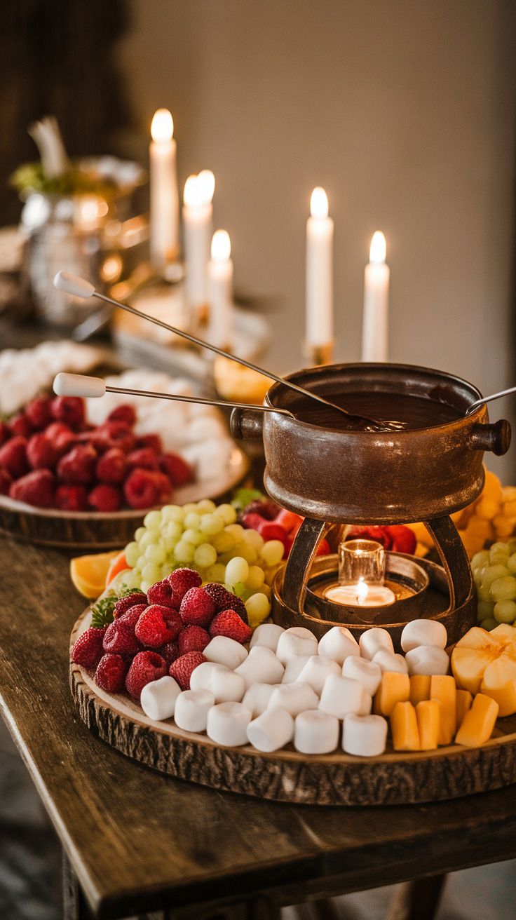 10+ Affordable Rustic Dessert Bar Ideas for A Sweet Wedding Fondue Wedding Bar, Wedding Table Decorations Western, Fun Wedding Snacks, Rustic Bohemian Wedding Ideas, Diy Wedding Snacks, Small Bites Wedding Reception, Food Wedding Centerpieces, Desserts Table Wedding, Bbq Food Wedding