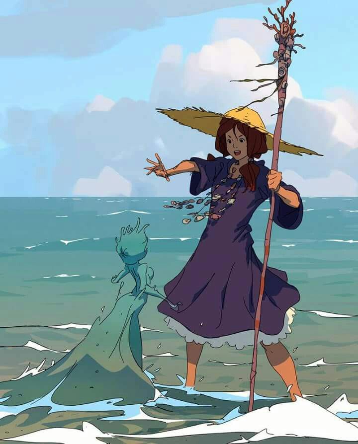 a woman holding an umbrella standing on top of a beach next to a body of water