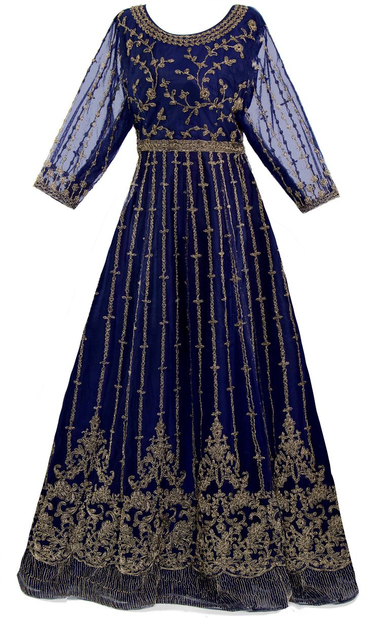 Stunning navy net anarkali suit covered with shimmering dark gold beads and sequins all throughout. The sleeves and the dupatta are sheer net. It comes with matching silk pants. Net Anarkali, Mens Indian Wear, Western Wear Dresses, Suit Covers, Anarkali Suit, Silk Pants, Dark Gold, Boho Women, Floral Patterns