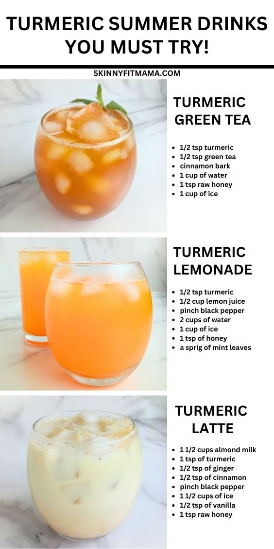 three different drinks in glasses with text that says turmric summer drinks you must try