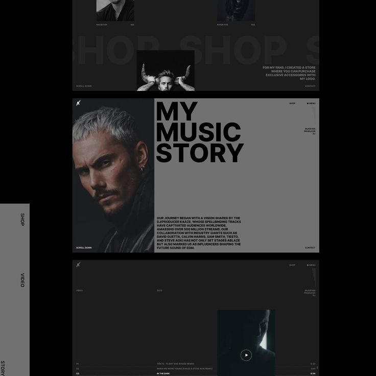 the website design for my music story is shown in black and white, with an image of